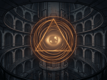 Glowing mechanical eye within a triangle at center of circular prison with inmates in cells