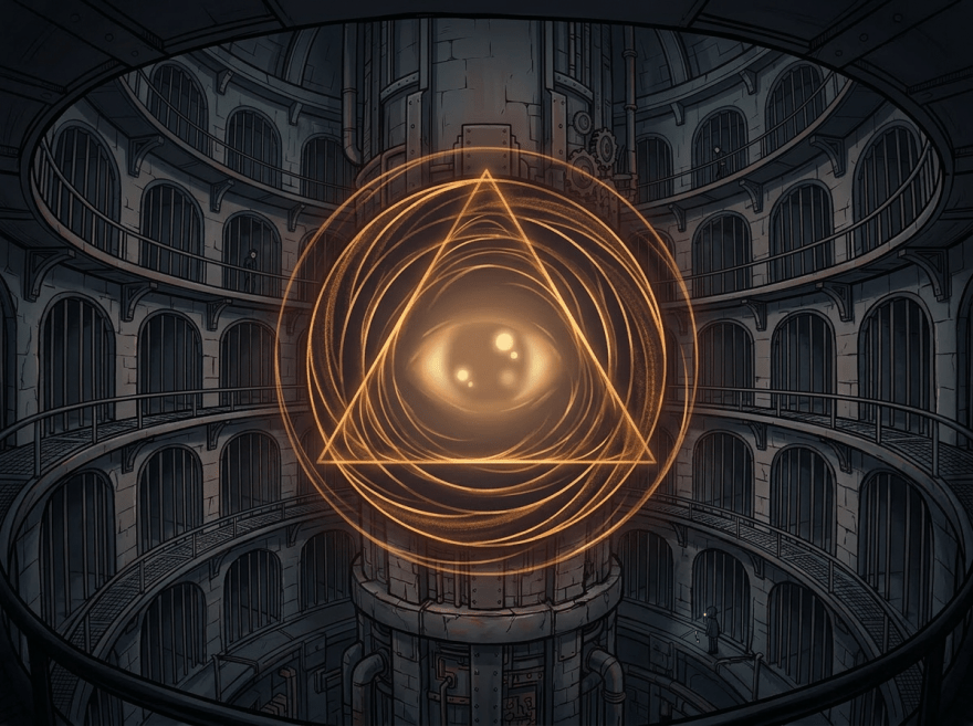 Glowing mechanical eye within a triangle at center of circular prison with inmates in cells